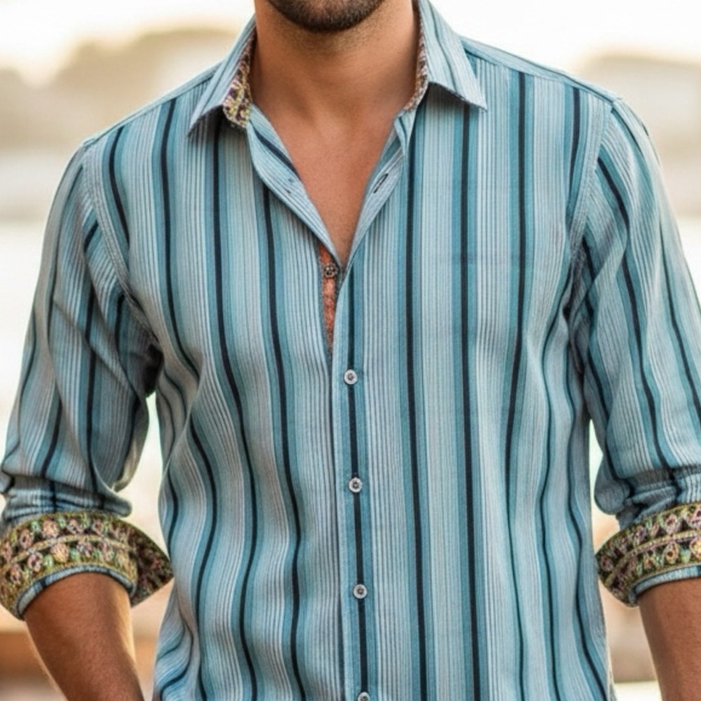 ROBERT GRAHAM MEN'S TEAL GREEN STRIPE SHIRT SIZE LARGE ORANGE GEO PRINT CUFFS